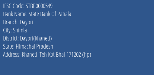 State Bank Of Patiala Dayori Branch Dayori Khaneti IFSC Code STBP0000549