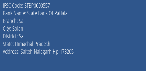 State Bank Of Patiala Sai Branch Sai IFSC Code STBP0000557