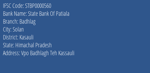State Bank Of Patiala Badhlag Branch Kasauli IFSC Code STBP0000560