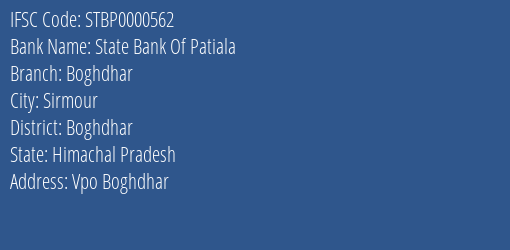 State Bank Of Patiala Boghdhar Branch Boghdhar IFSC Code STBP0000562