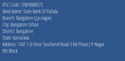State Bank Of Patiala Bangalore J.p.nagar Branch Bangalore IFSC Code STBP0000573