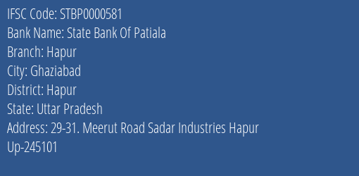 State Bank Of Patiala Hapur Branch, Branch Code 000581 & IFSC Code STBP0000581