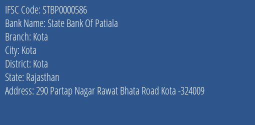 State Bank Of Patiala Kota Branch, Branch Code 000586 & IFSC Code STBP0000586