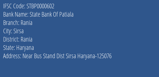 State Bank Of Patiala Rania Branch Rania IFSC Code STBP0000602