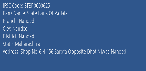 State Bank Of Patiala Nanded Branch, Branch Code 000625 & IFSC Code STBP0000625