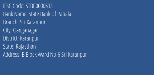 State Bank Of Patiala Sri Karanpur Branch Karanpur IFSC Code STBP0000633