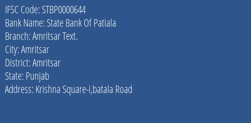 State Bank Of Patiala Amritsar Text. Branch IFSC Code