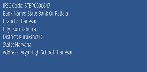 State Bank Of Patiala Thanesar Branch Kurukshetra IFSC Code STBP0000647