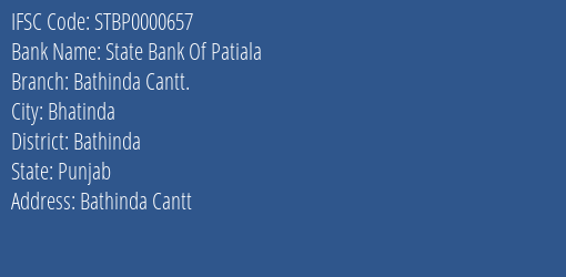 State Bank Of Patiala Bathinda Cantt. Branch, Branch Code 000657 & IFSC Code STBP0000657