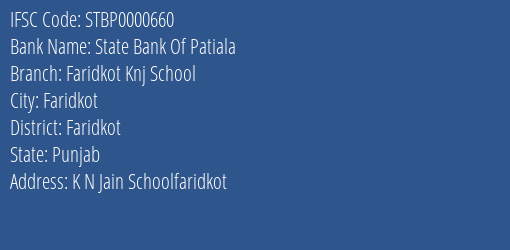State Bank Of Patiala Faridkot Knj School Branch Faridkot IFSC Code STBP0000660