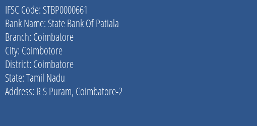 State Bank Of Patiala Coimbatore Branch Coimbatore IFSC Code STBP0000661
