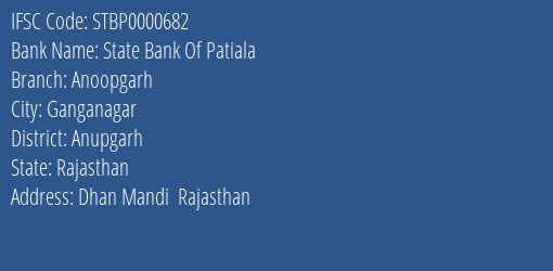 State Bank Of Patiala Anoopgarh Branch Anupgarh IFSC Code STBP0000682