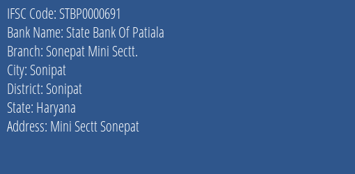 State Bank Of Patiala Sonepat Mini Sectt. Branch Sonipat IFSC Code STBP0000691
