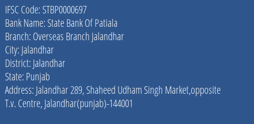 State Bank Of Patiala Overseas Branch Jalandhar Branch IFSC Code