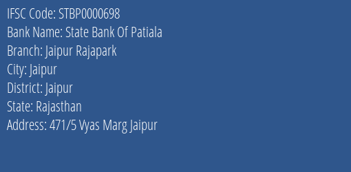 State Bank Of Patiala Jaipur Rajapark Branch Jaipur IFSC Code STBP0000698