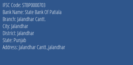 State Bank Of Patiala Jalandhar Cantt. Branch IFSC Code