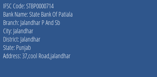 State Bank Of Patiala Jalandhar P And Sb Branch IFSC Code