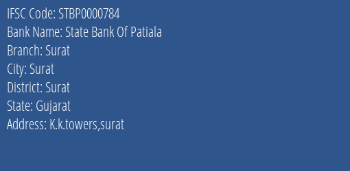 State Bank Of Patiala Surat Branch, Branch Code 000784 & IFSC Code STBP0000784