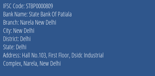 State Bank Of Patiala Narela New Delhi Branch Delhi IFSC Code STBP0000809
