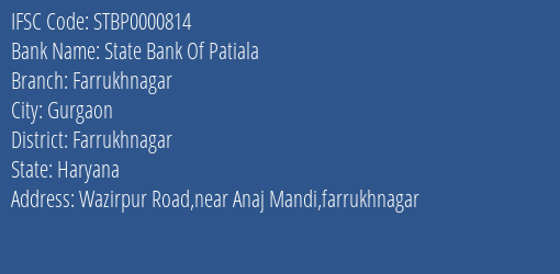 State Bank Of Patiala Farrukhnagar Branch Farrukhnagar IFSC Code STBP0000814