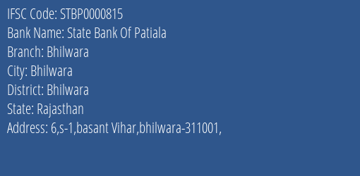 State Bank Of Patiala Bhilwara Branch Bhilwara IFSC Code STBP0000815