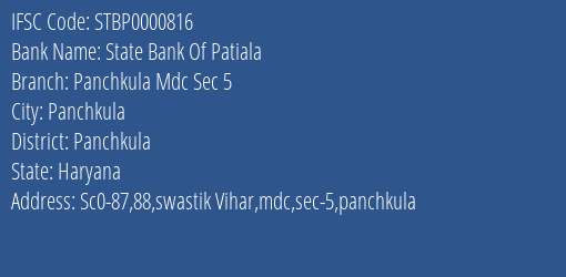 State Bank Of Patiala Panchkula Mdc Sec 5 Branch IFSC Code