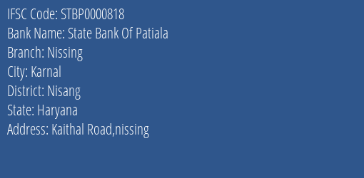 State Bank Of Patiala Nissing Branch Nisang IFSC Code STBP0000818