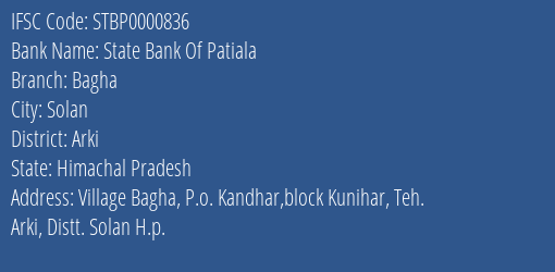 State Bank Of Patiala Bagha Branch Arki IFSC Code STBP0000836