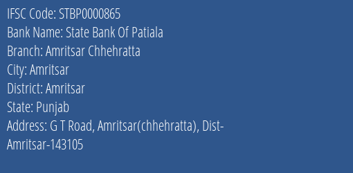State Bank Of Patiala Amritsar Chhehratta Branch, Branch Code 000865 & IFSC Code STBP0000865