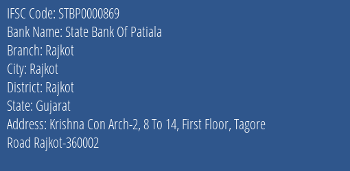 State Bank Of Patiala Rajkot Branch, Branch Code 000869 & IFSC Code STBP0000869