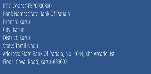State Bank Of Patiala Karur Branch Karur IFSC Code STBP0000880