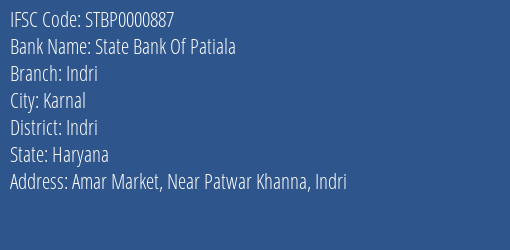 State Bank Of Patiala Indri Branch Indri IFSC Code STBP0000887