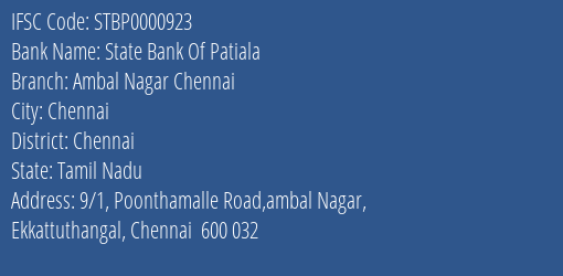 State Bank Of Patiala Ambal Nagar Chennai Branch Chennai IFSC Code STBP0000923