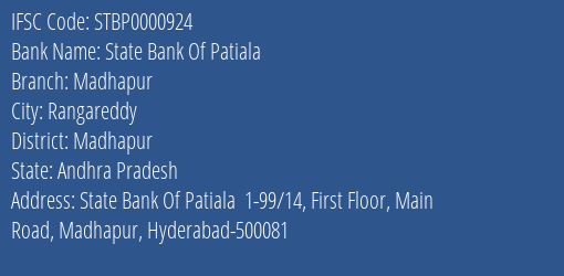 State Bank Of Patiala Madhapur Branch Madhapur IFSC Code STBP0000924