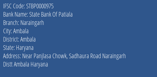 State Bank Of Patiala Naraingarh Branch Ambala IFSC Code STBP0000975