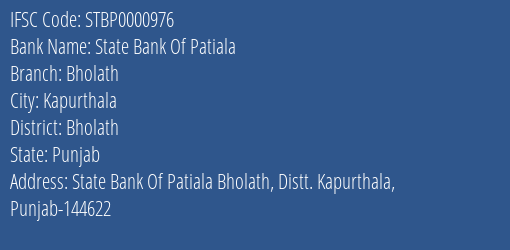 State Bank Of Patiala Bholath Branch Bholath IFSC Code STBP0000976