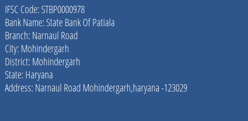 State Bank Of Patiala Narnaul Road Branch Mohindergarh IFSC Code STBP0000978
