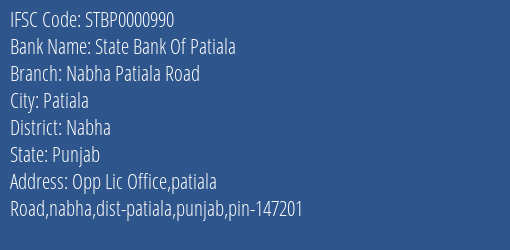 State Bank Of Patiala Nabha Patiala Road Branch Nabha IFSC Code STBP0000990