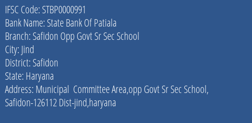 State Bank Of Patiala Safidon Opp Govt Sr Sec School Branch Safidon IFSC Code STBP0000991