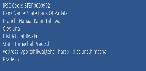 State Bank Of Patiala Nangal Kalan Tahliwal Branch Tahliwala IFSC Code STBP0000992