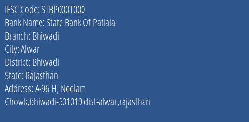 State Bank Of Patiala Bhiwadi Branch, Branch Code 001000 & IFSC Code STBP0001000