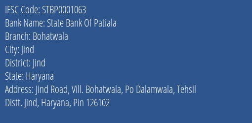 State Bank Of Patiala Bohatwala Branch Jind IFSC Code STBP0001063