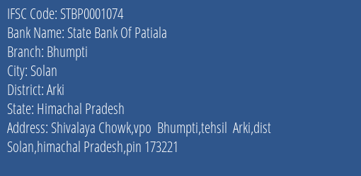 State Bank Of Patiala Bhumpti Branch Arki IFSC Code STBP0001074