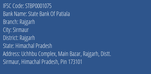 State Bank Of Patiala Rajgarh Branch Rajgarh IFSC Code STBP0001075