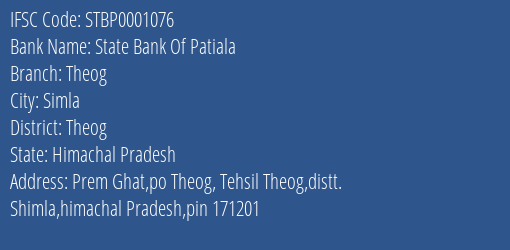 State Bank Of Patiala Theog Branch Theog IFSC Code STBP0001076
