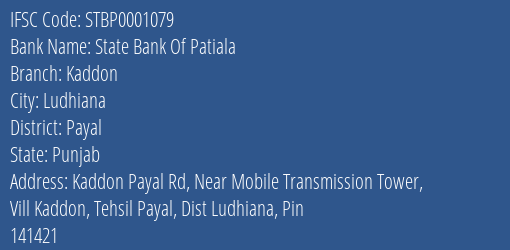 State Bank Of Patiala Kaddon Branch Payal IFSC Code STBP0001079