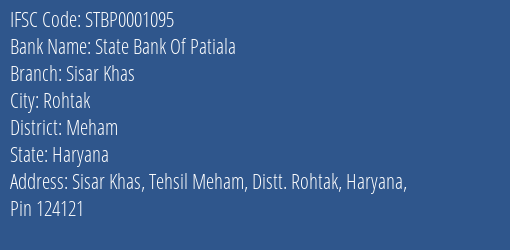 State Bank Of Patiala Sisar Khas Branch Meham IFSC Code STBP0001095