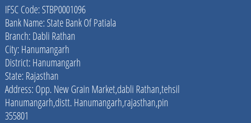 State Bank Of Patiala Dabli Rathan Branch Hanumangarh IFSC Code STBP0001096