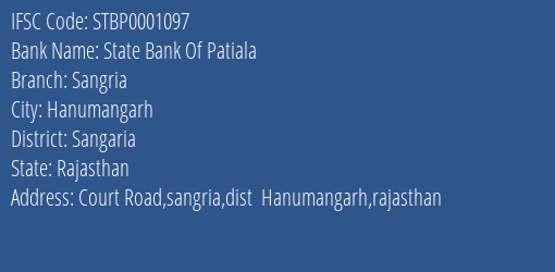 State Bank Of Patiala Sangria Branch Sangaria IFSC Code STBP0001097