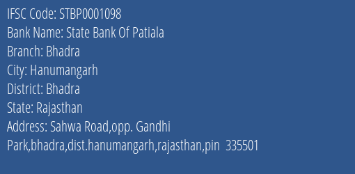 State Bank Of Patiala Bhadra Branch Bhadra IFSC Code STBP0001098